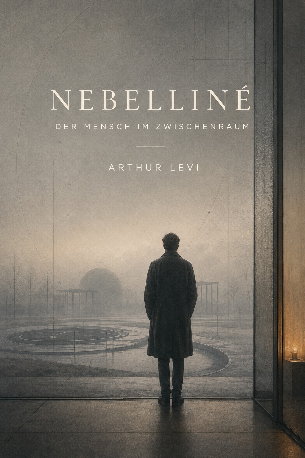 Buchcover: Nebelliné — Der Mensch im Zwischenraum von Arthur Levi. Eine Gestalt im Mantel blickt durch einen Betonrahmen in eine nebelverhangene Anlage.