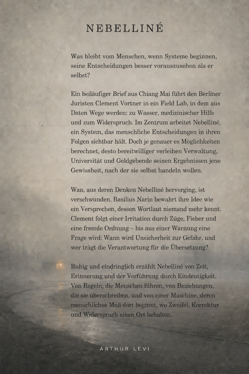 Rückcover von Nebelliné mit dem Klappentext auf nebliger Textur, darunter ein Weg mit Laterne