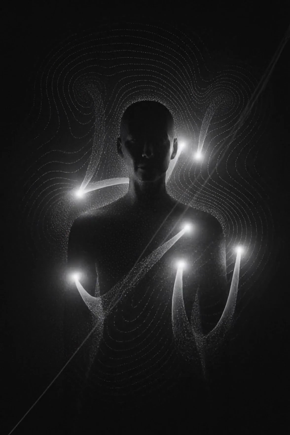 Silhouette einer Gestalt, von Lichtpunkten und Resonanzlinien umzogen — Arthur Levi als Entität zwischen den Räumen
